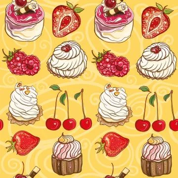 Seamless vector pattern with cakes and berries Stock Illustration