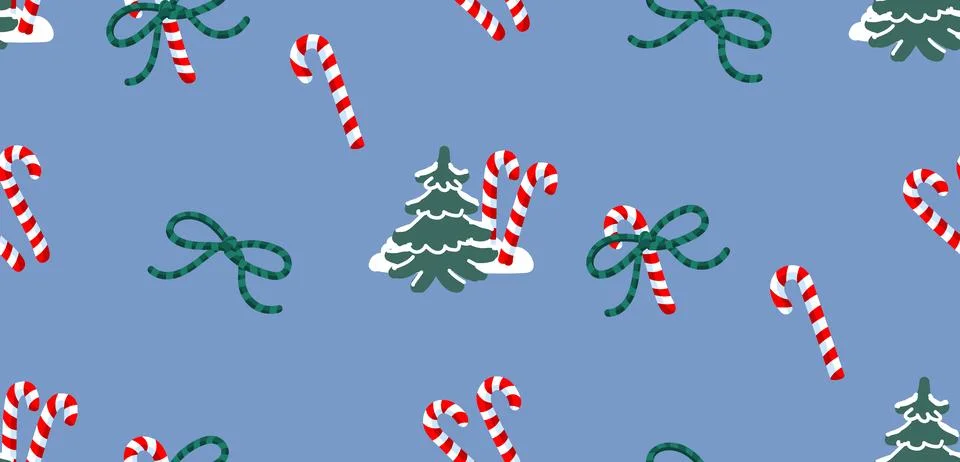 Seamless vector pattern with candy canes, ribbon bows and winter fir trees on a Illustrazione stock