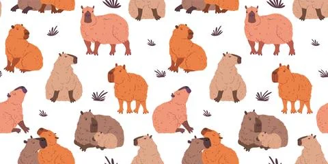 Seamless vector pattern capybaras in various poses: sitting, standing and a cub Stock Illustration