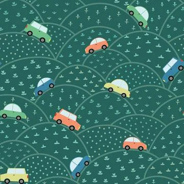 Seamless vector pattern with cars. children's style. cars are driving over th Stock Illustration