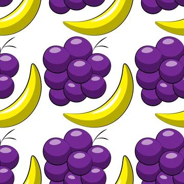 Seamless vector pattern with cartoon banana and grape Illustrazione stock