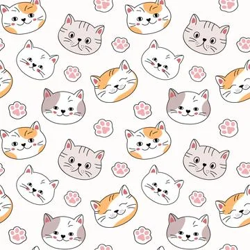 Seamless vector pattern of cartoon cat faces and footprints Stockillustratie