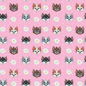 Seamless Vector Pattern with Cartoon Cat Faces and White Daisy Flowers Illustrazione stock