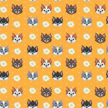 Seamless Vector Pattern with Cartoon Cat Faces and White Daisy Flowers 스톡 일러스트
