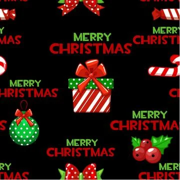 Seamless vector pattern with cartoon christmas Elements on black tile backg.. Stock Illustration