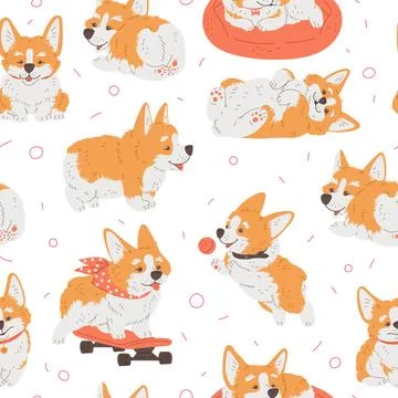 Seamless vector pattern with cartoon cute Corgi dog in various poses, enjoy ride Stock Illustration