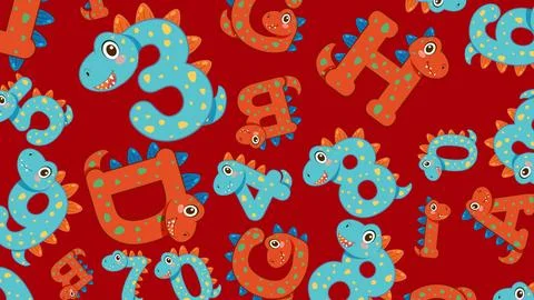 Seamless Vector Pattern of Cartoon Dinosaur Alphabet and Numbers Stock-Illustration