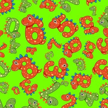 Seamless Vector Pattern of Cartoon Dinosaurs Shaped Like Numbers Stock Illustration
