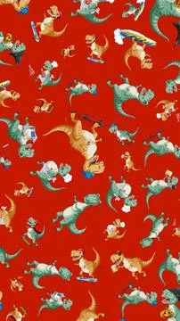 Seamless vector pattern of cartoon dinosaurs skateboarding, surfing, and cook 스톡 일러스트