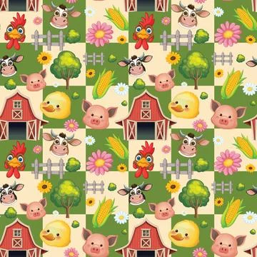 Seamless Vector Pattern with Cartoon Farm Animals and Barns 库存插图