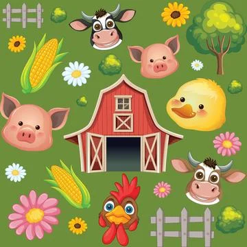 Seamless Vector Pattern with Cartoon Farm Animals and Red Barn Illustrazione stock
