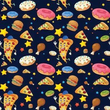 Seamless Vector Pattern of Cartoon Fast Food Characters and Snacks Illustrazione stock