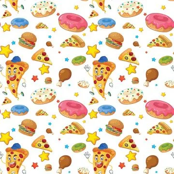 Seamless Vector Pattern of Cartoon Fast Food Characters and Snacks Stock Illustration