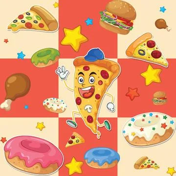 Seamless Vector Pattern with Cartoon Fast Food Characters and Snacks Stock Illustration