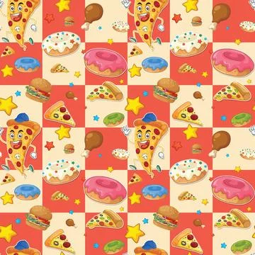 Seamless Vector Pattern with Cartoon Fast Food Characters and Snacks Stock Illustration