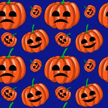 Seamless vector pattern with cartoon horror orange pumpkin Stock Illustration