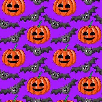 Seamless vector pattern with cartoon horror bat and pumpkin Stock Illustration