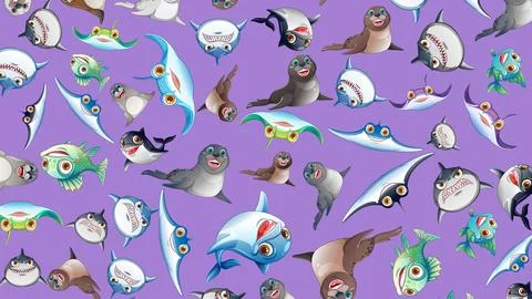Seamless Vector Pattern of Cartoon Marine Animals on Purple Background Stock Illustration