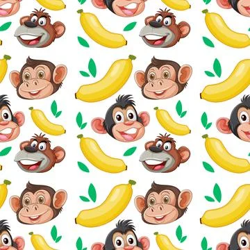 Seamless Vector Pattern with Cartoon Monkey Faces and Yellow Bananas Stock Illustration