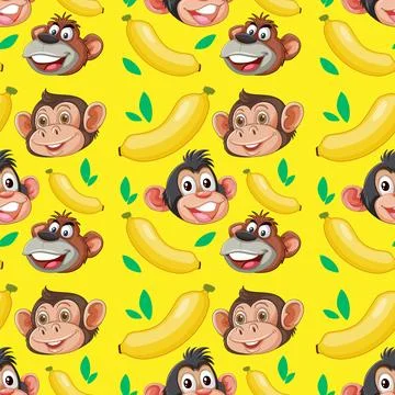 Seamless Vector Pattern with Cartoon Monkey Faces and Yellow Bananas Stock Illustration