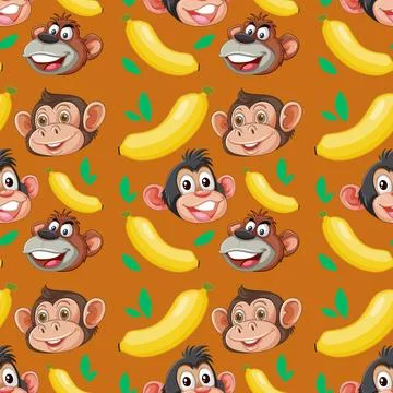 Seamless Vector Pattern with Cartoon Monkey Faces and Yellow Bananas Stock Illustration
