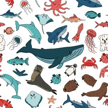 Seamless vector pattern of cartoon outline isolated sea ocean animals. Doodle Stock Illustration