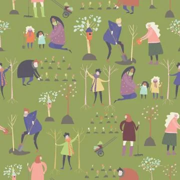 Seamless vector pattern with cartoon people are gardening in spring park Illustrazione stock