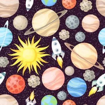 Seamless vector pattern with cartoon Solar System planets, sun, stars, rocket Illustrazione stock