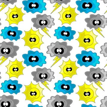 Seamless vector pattern with cartoon sun, cloud and lightning Stock Illustration