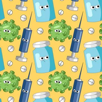 Seamless vector pattern with cartoon syringe, vaccine and virus Stock Illustration