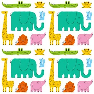 Seamless vector pattern. Cartoons with animals. Hand drawn elephant, giraff.. Stock Illustration