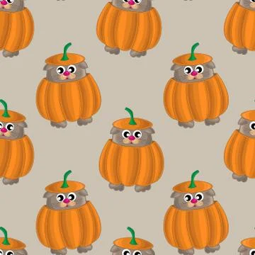 Seamless vector pattern with cat and pumpkin Stock Illustration
