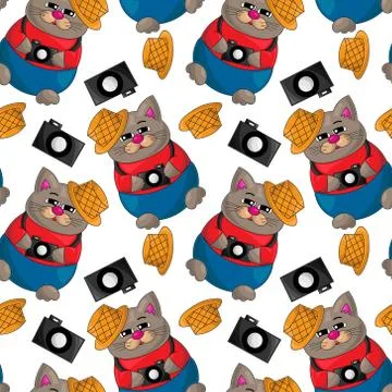 Seamless vector pattern with cat, hat and camera Illustrazione stock