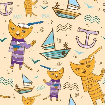 Seamless vector pattern with cat sailor on the beach with a ship Illustrazione stock