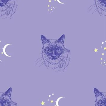 Seamless vector pattern with cat, stars and moon  on blue background Stock Illustration