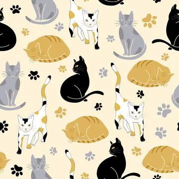 Seamless vector pattern with cats and paw prints Stock Illustration