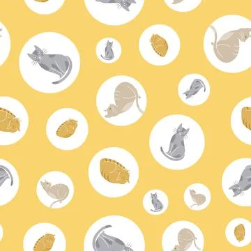 Seamless vector pattern with cats and circles on yellow background Illustrazione stock