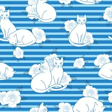 Seamless vector pattern cats on blue stripes background design Stock Illustration