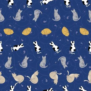 Seamless vector pattern with cats on blue background with spiral texture Stock Illustration