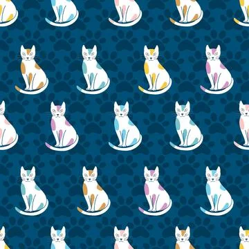 Seamless vector pattern with cats on blue paw print background Stock Illustration