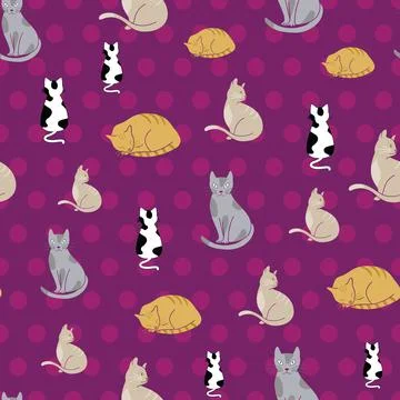 Seamless vector pattern with cats on purple background with polka dots Stock Illustration