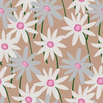 Seamless vector pattern with chamomile flowers on beige background Stock Illustration