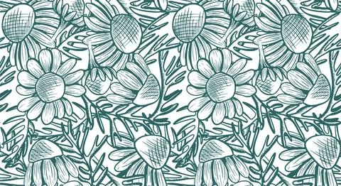A seamless vector pattern with chamomile flowers and leaves arranged in an .. Stock Illustration