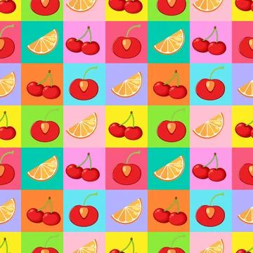 Seamless Vector Pattern with Cherry and Orange Slices on Colorful Grid Stock Illustration