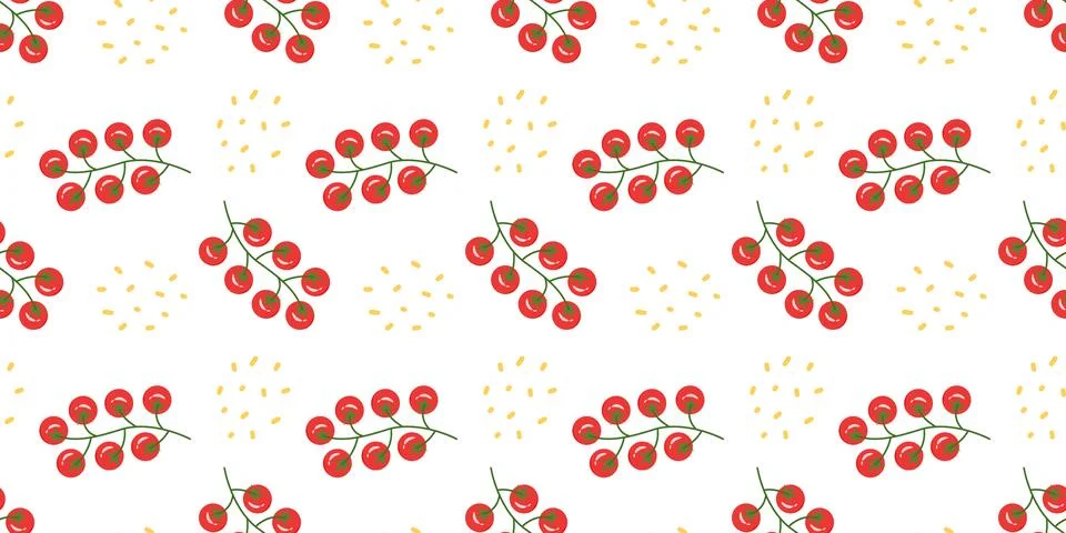 Seamless vector pattern with cherry tomatoes on branches and yellow dots Illustrazione stock