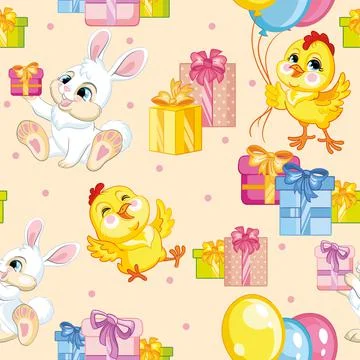 Seamless vector pattern chicken and rabbit happy birthday Stock Illustration