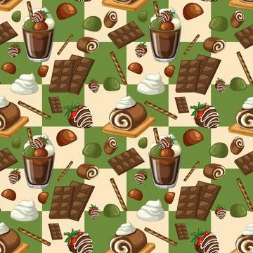 Seamless Vector Pattern of Chocolate Desserts and Matcha Sweets Illustrazione stock