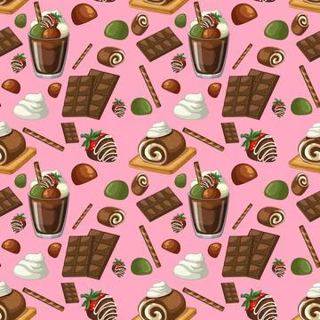 Seamless Vector Pattern of Chocolate Desserts and Sweets on Pink Background Stock Illustration