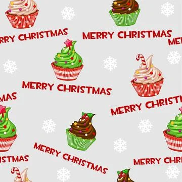 Seamless vector pattern with christmas cupcakes, muffins, sweet cake on gre.. Stock Illustration
