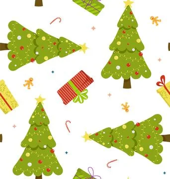 Seamless vector pattern with Christmas decorated tree, gifts, sweets and ging Stock Illustration